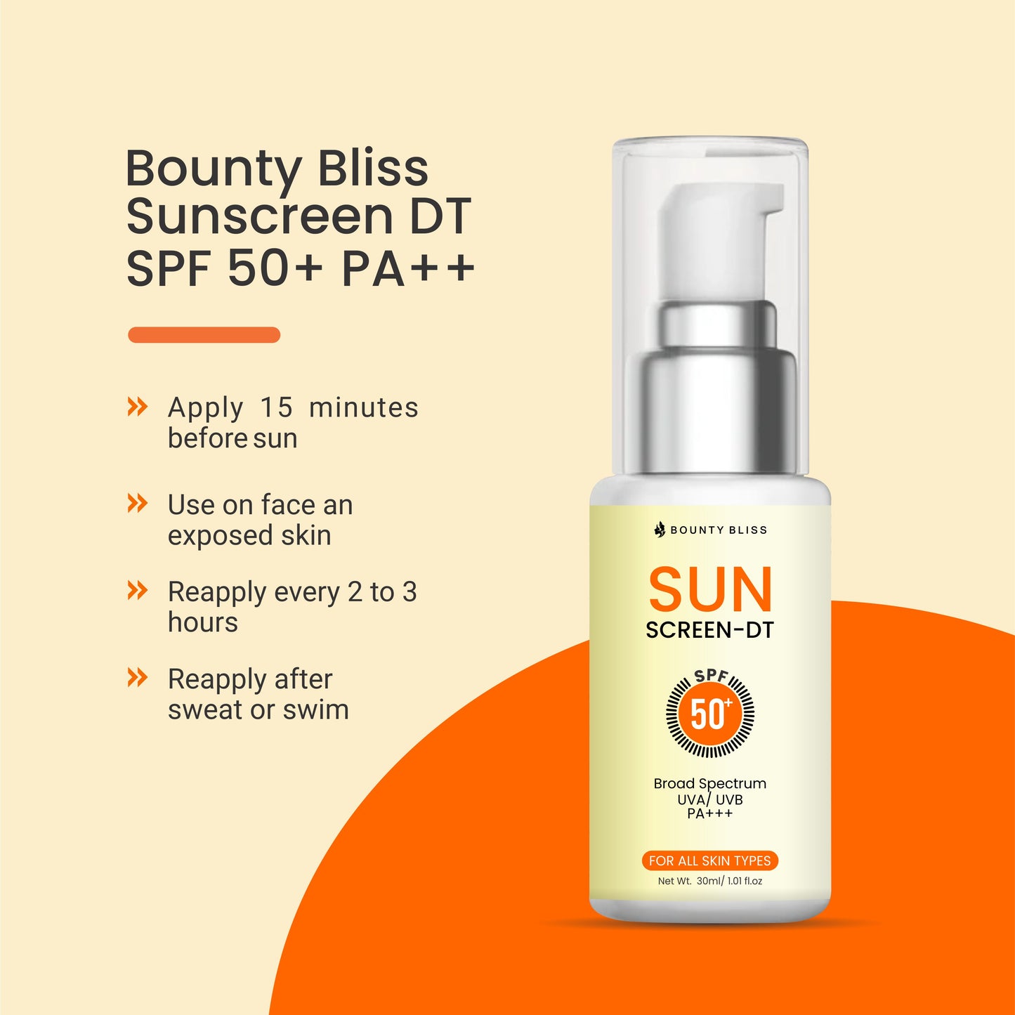 Bounty Bliss Sunscreen DT SPF 50+ PA+++ – Broad Spectrum, Lightweight Sun Protection with High UVA/UVB Defense – Non-Greasy & Fast Absorbing 50gm