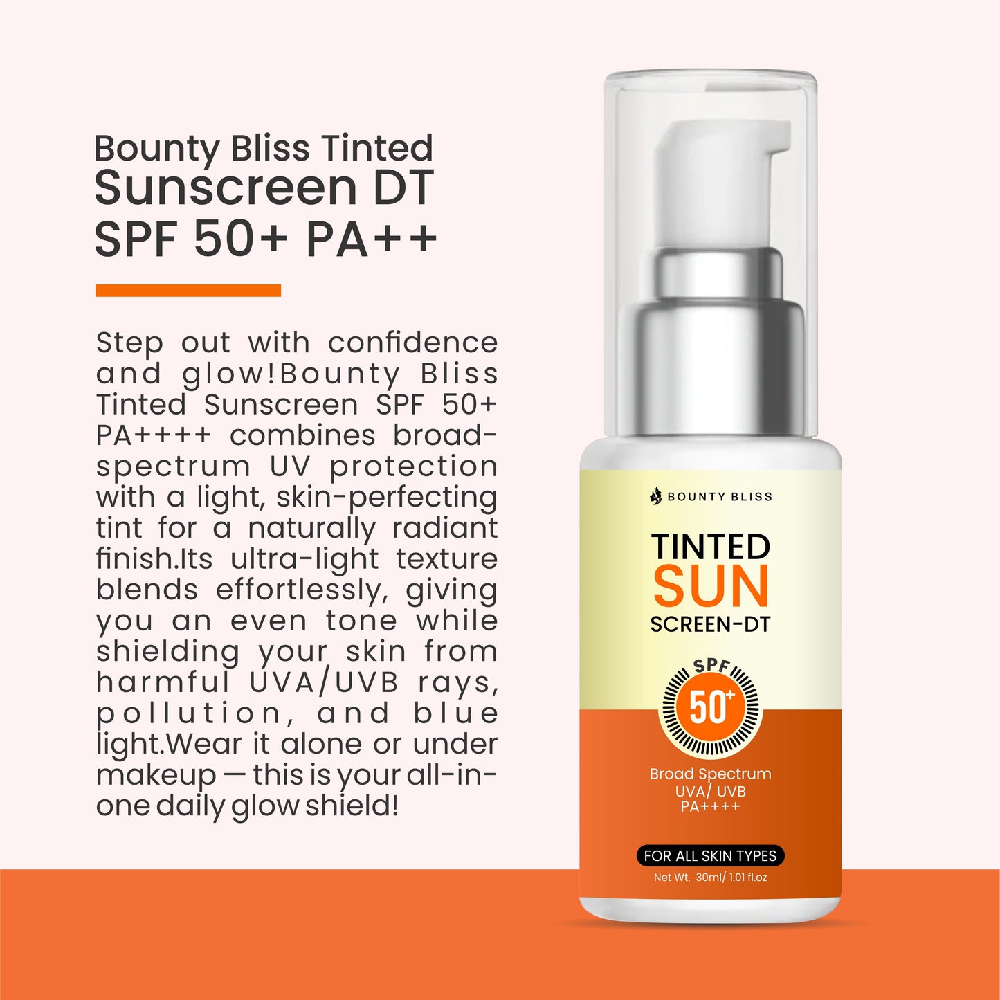 Bounty Bliss Tinted Sunscreen SPF 50+ PA++++ for Pigmentation, Dark Spots and Acne Marks | Blends into Natural Finish | For All Skin Types   50gm