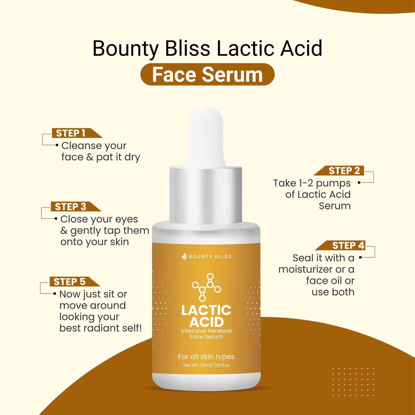 Bounty Bliss Lactic Acid Face Serum For Glowing & Brightening Instant Radiance, Removes Dullness, and Smoothens Texture + For All Skin Types - 30ml
