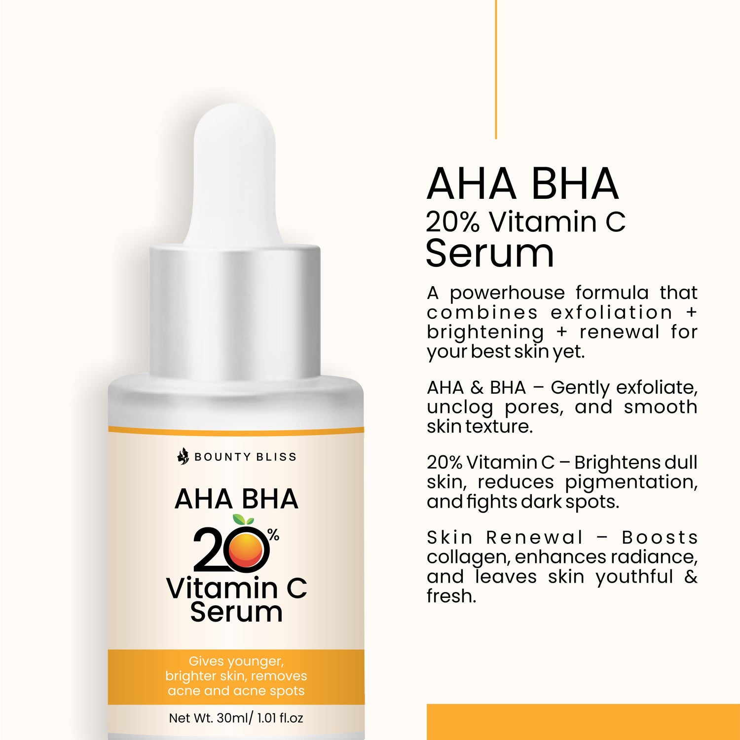 Bounty Bliss AHA BHA 20% Vitamin C Serum – Powerful Brightening & Exfoliating Serum for Radiant, Smooth, Even-Toned Skin