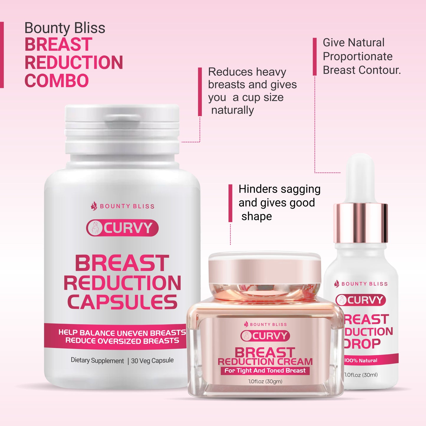 Bounty Bliss Breast Reduction Cream, Breast Reduction Capsule, Breast Reduction Liquid Drops Combo Pack