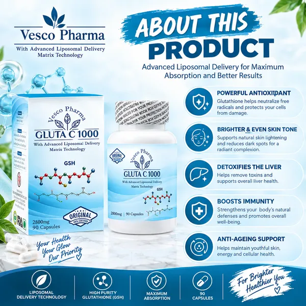 Bounty Bliss Vesco Pharma Gluta C 1000 Glutathione 90 Capsules for Skin Brightening & Anti-Aging Support | Vitamin C Enriched Formula for Radiant Skin & Even Tone | Daily Skin Health Supplement — photo 4