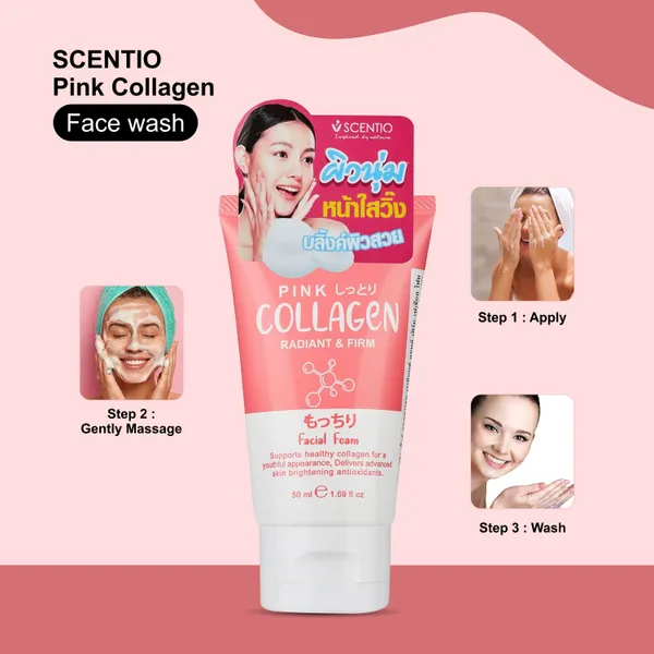 Bounty Bliss SCENTIO Pink COLLAGEN (MADE IN THAILAND) Face wash has Hyaluronic that Anti wrinkle, firm skin & glow skin. Organic, SLS & Paraben free 50ML — photo 4